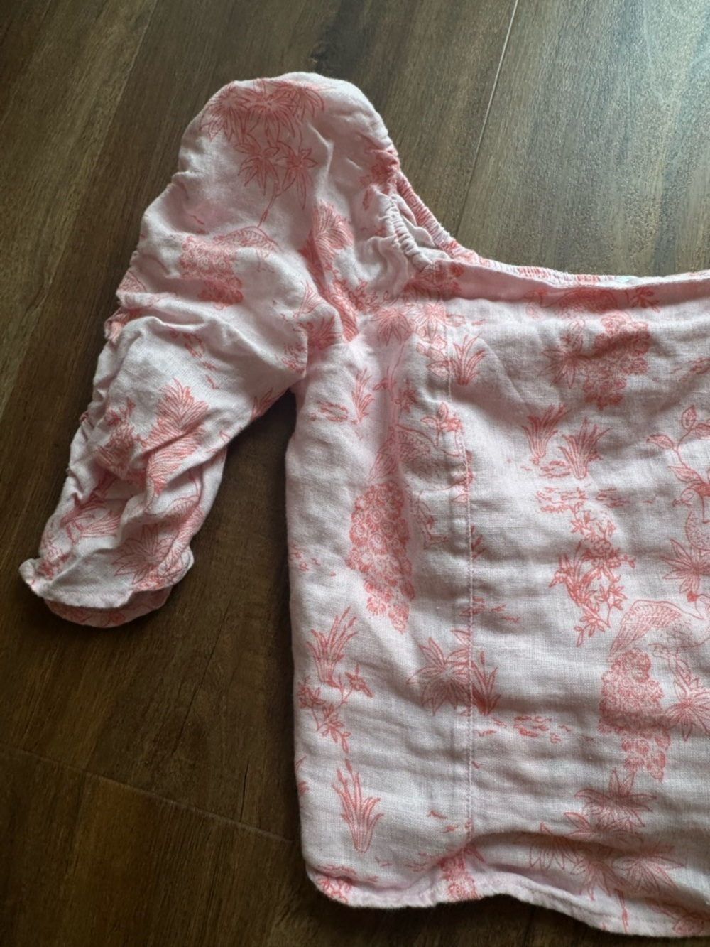 Cynthia Rowley 100% Linen Pink Toile Print Puff Sleeve Corset Top Cottagecore - Picture 7 of 12